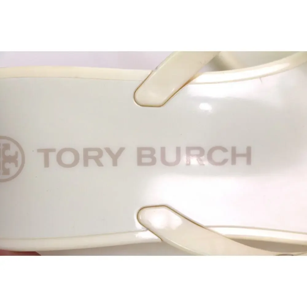 Tory Burch OF WHITE PVC FLAT BEACH SHOES FLIP FLOPS TONG SANDALS Sz 8